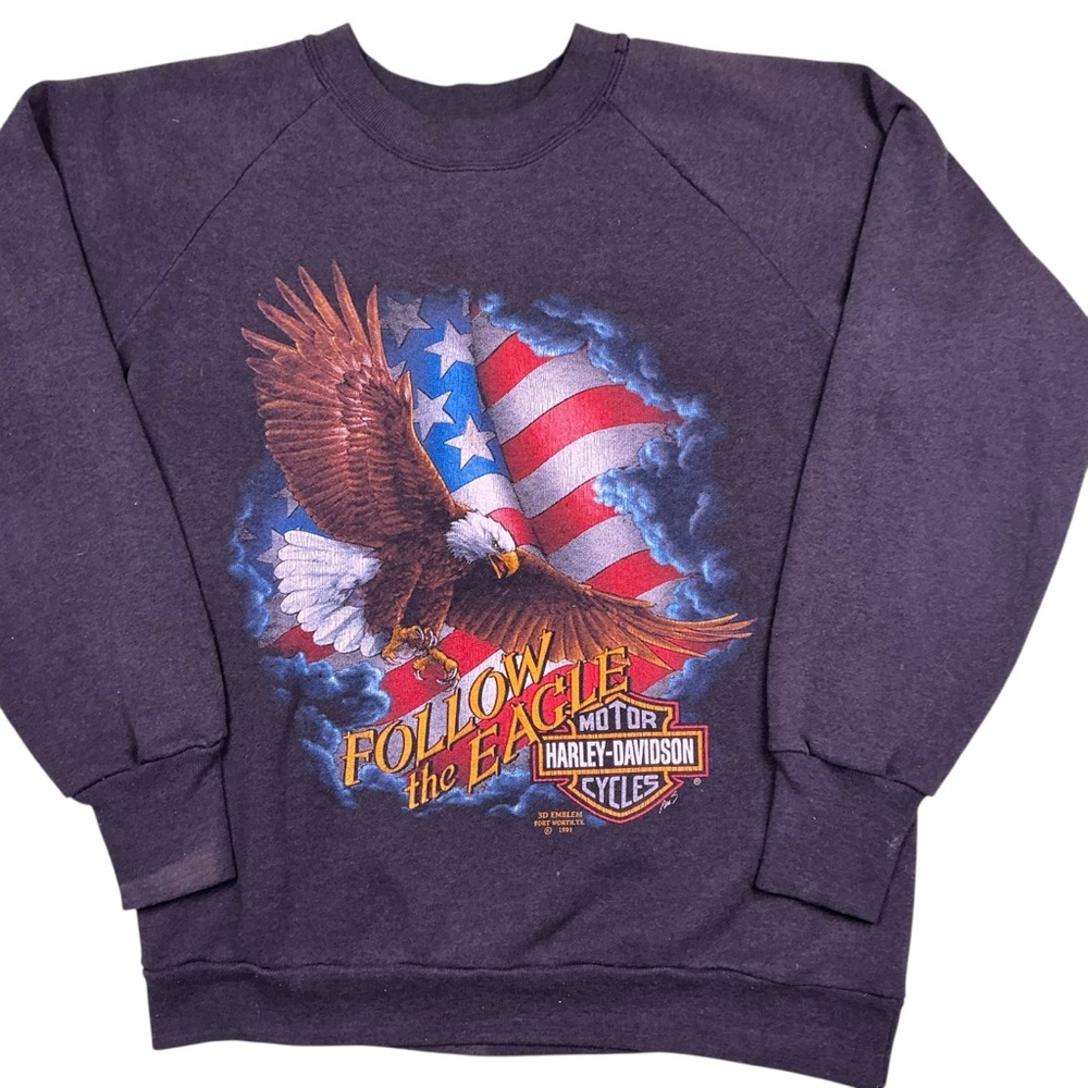 Vintage Harley Davidson 3-D emblem 1991 Follow the Eagle Raglan Crewneck USA
